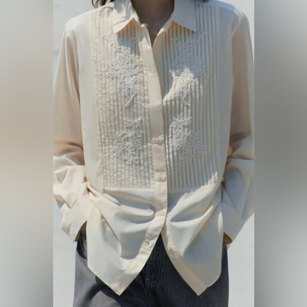 ZARA ECRU OVERSIZED EMBROIDERED BEADED FLORAL PLEATED CHEST POPLIN LONG SHIRT